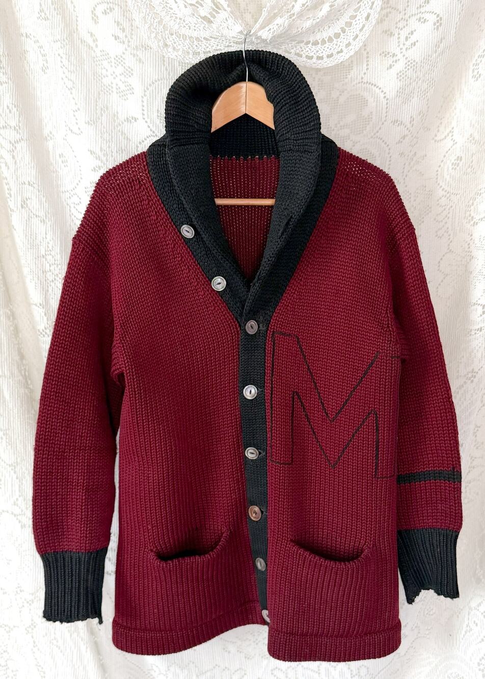 VTG 30s 40s Varsity Letterman Burgundy Wool Shawl Collar Cardigan Muskingum Uni